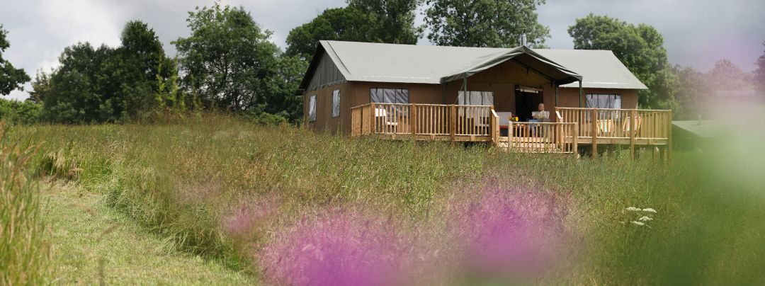 Outside photo of a glamping tent from a distance